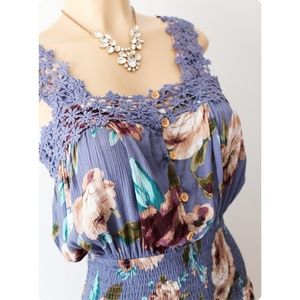 NEW Blue Purple Floral Crochet Trim Button Front Smocked Waist Cute BOHO Romper